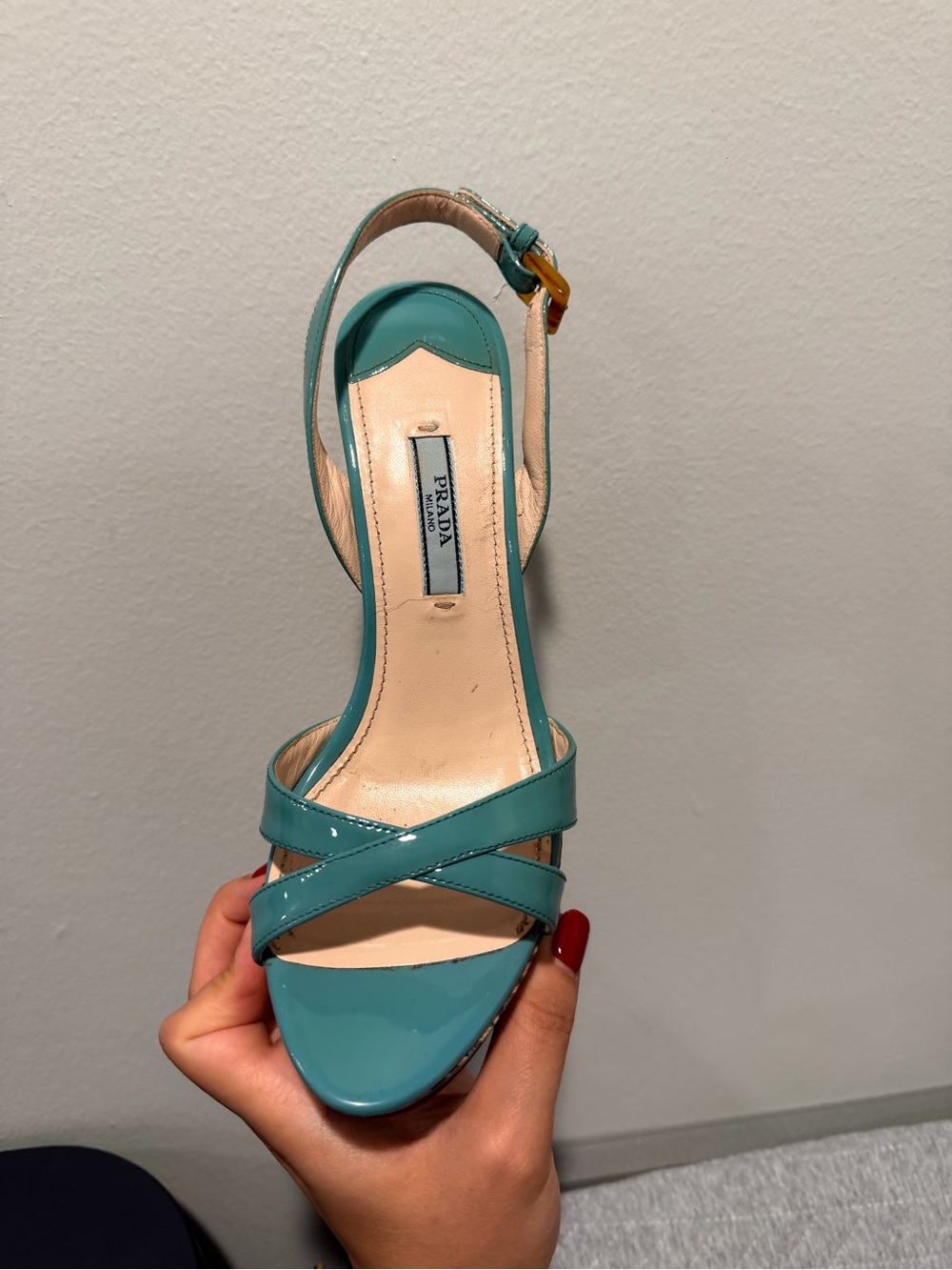 Prada Teal Patent Leather Crisscross Slingback Sandal